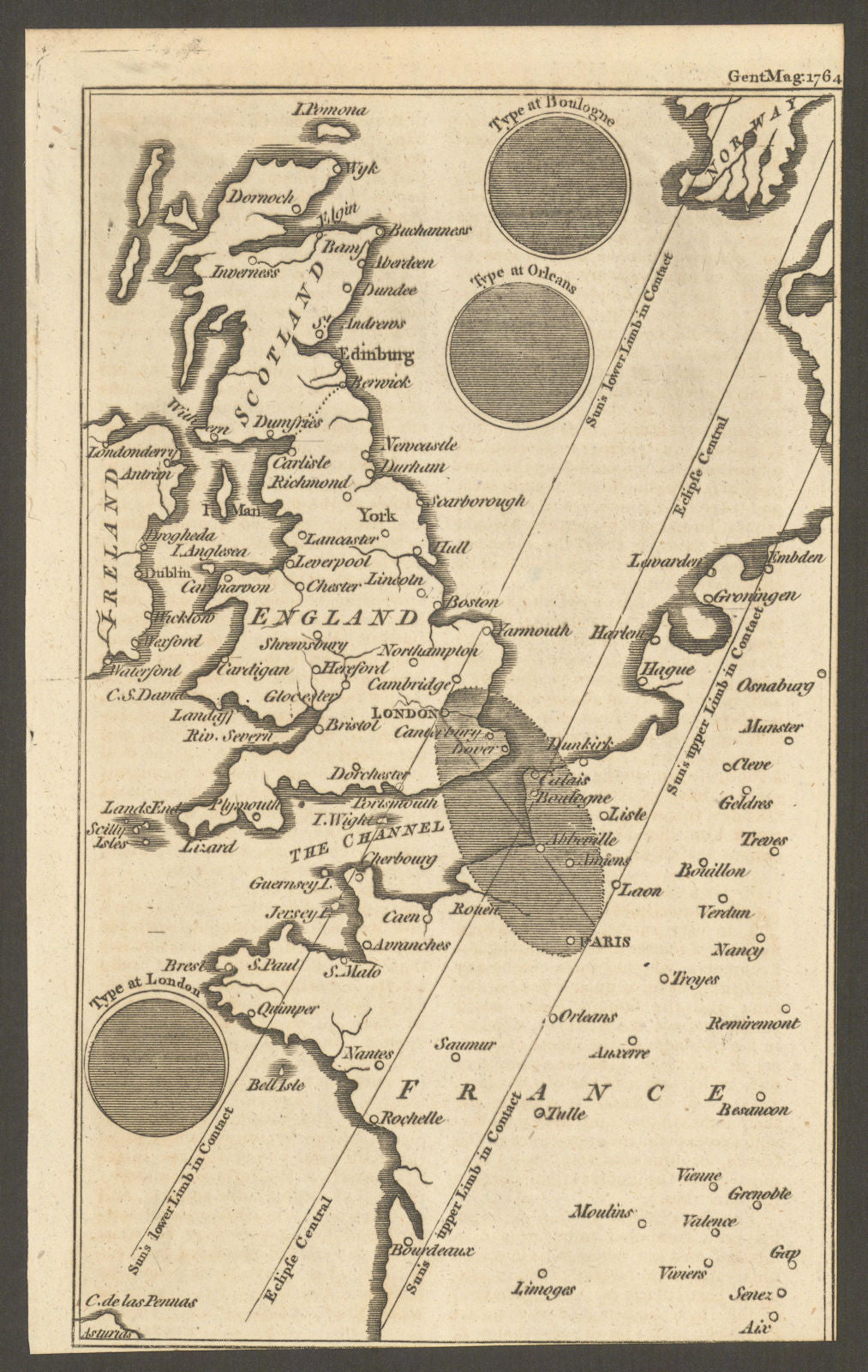 The Solar eclipse of 1 April 1764 across England & France. Gent's Mag 1764 map